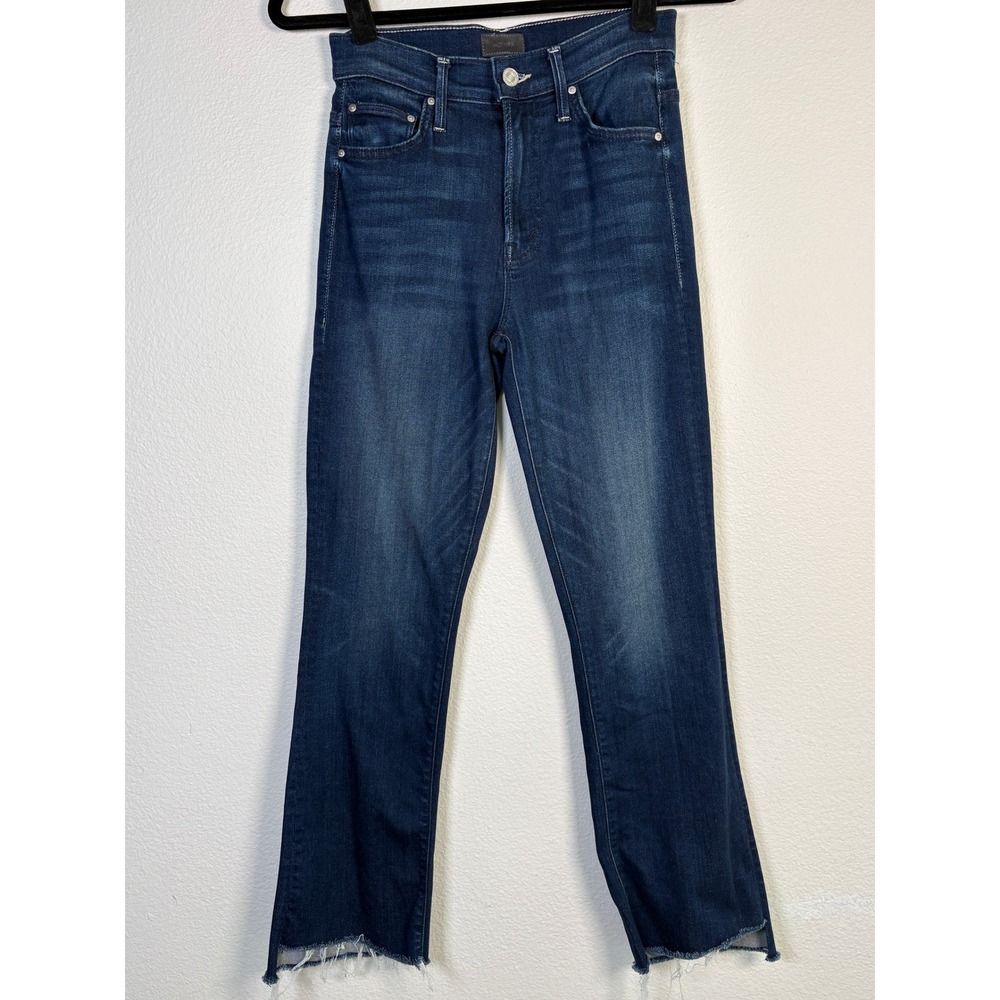 Mother Denim High Rise Straight Leg Raw Hem Jeans Dark Wash Blue Women's Size 24